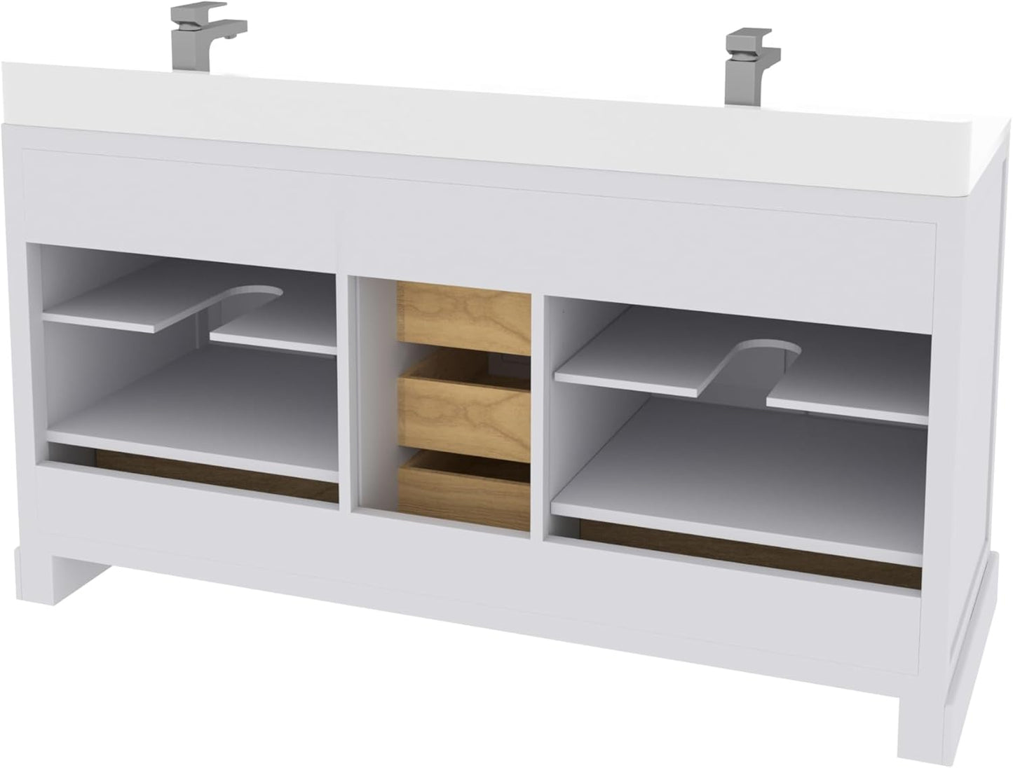 Ayna Decors Maya 60 Inch White Bathroom Vanity with Sink, Quartz Countertop, 4 Soft Closing Doors and 5 Full Extension Drawers, Brushed Nickel Hardware