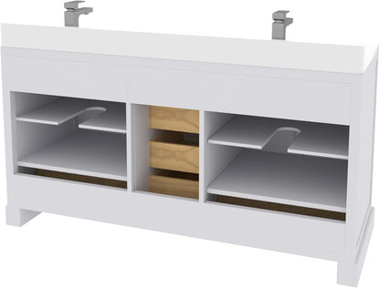 Ayna Decors Maya 60 Inch White Bathroom Vanity with Sink, Quartz Countertop, 4 Soft Closing Doors and 5 Full Extension Drawers, Brushed Nickel Hardware
