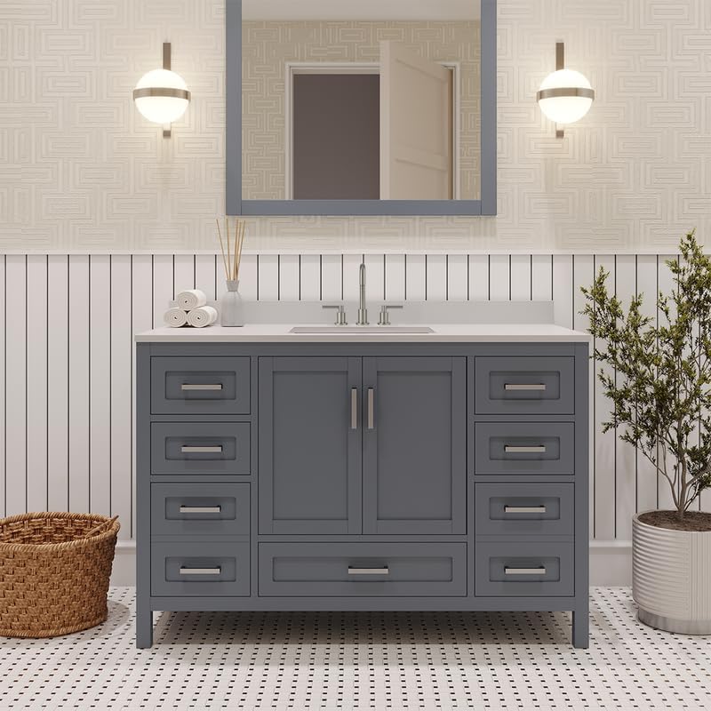 Ayna Decors Rooh 48 Inch Charcoal Grey Bathroom Vanity with Sink, Quartz Countertop, 2 Soft Closing Doors, and 7 Full Extension Drawers, Brushed Nickel Hardware