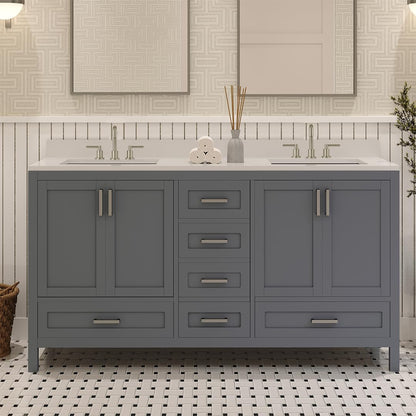 Ayna Decors Rooh 60 Inch Charcoal Grey Bathroom Vanity with Sink, Quartz Countertop, 4 Soft Closing Doors and 5 Full Extension Drawers, Brushed Nickel Hardware