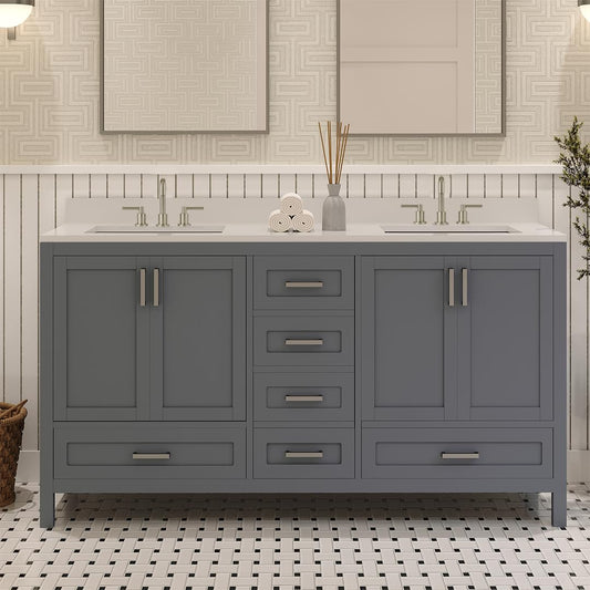 Ayna Decors Rooh 60 Inch Charcoal Grey Bathroom Vanity with Sink, Quartz Countertop, 4 Soft Closing Doors and 5 Full Extension Drawers, Brushed Nickel Hardware