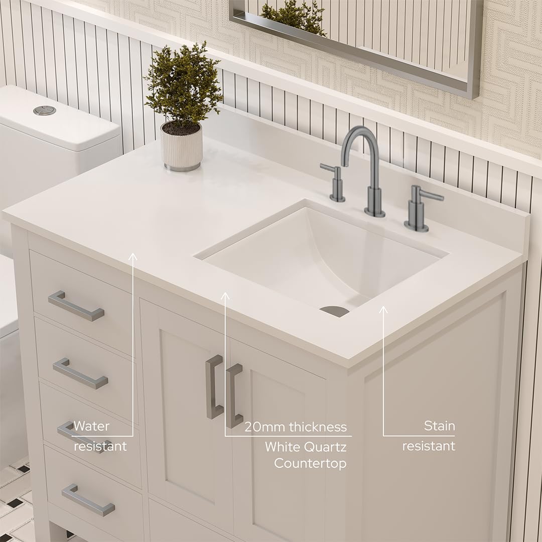 Ayna Decors Rooh 36 Inch White Bathroom Vanity with Sink, Three Faucet Holes Quartz Top, 2 Soft Closing Doors, and 4 Full Extension Drawers, Brushed Nickel Hardware
