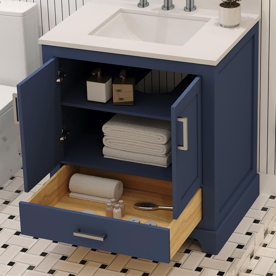 Ayna Decors Maya 30" Solid Wood Bathroom Vanity with Sink – Navy Blue, 3 Pre-Drilled Faucet Holes, 2 Soft-Close Doors, 1 Full-Extension Drawer, Brushed Nickel Handles