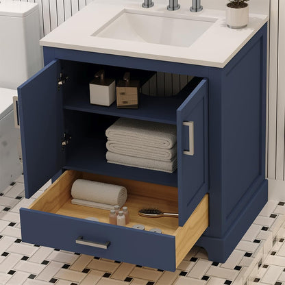 Ayna Decors Maya 30" Solid Wood Bathroom Vanity with Sink – Navy Blue, 3 Pre-Drilled Faucet Holes, 2 Soft-Close Doors, 1 Full-Extension Drawer, Brushed Nickel Handles