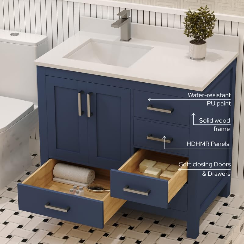 Ayna Decors Rooh 36 Inch Navy Blue Bathroom Vanity with Sink, Quartz Countertop, 2 Soft Closing Doors, and 4 Full Extension Drawers, Brushed Nickel Hardware