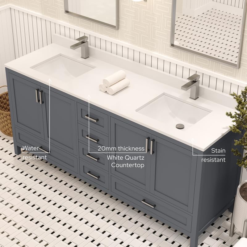 Ayna Decors Rooh 72 Inch Charcoal Grey Bathroom Vanity with Sink, Quartz Countertop, 4 Soft Closing Doors and 5 Full Extension Drawers, Brushed Nickel Hardware