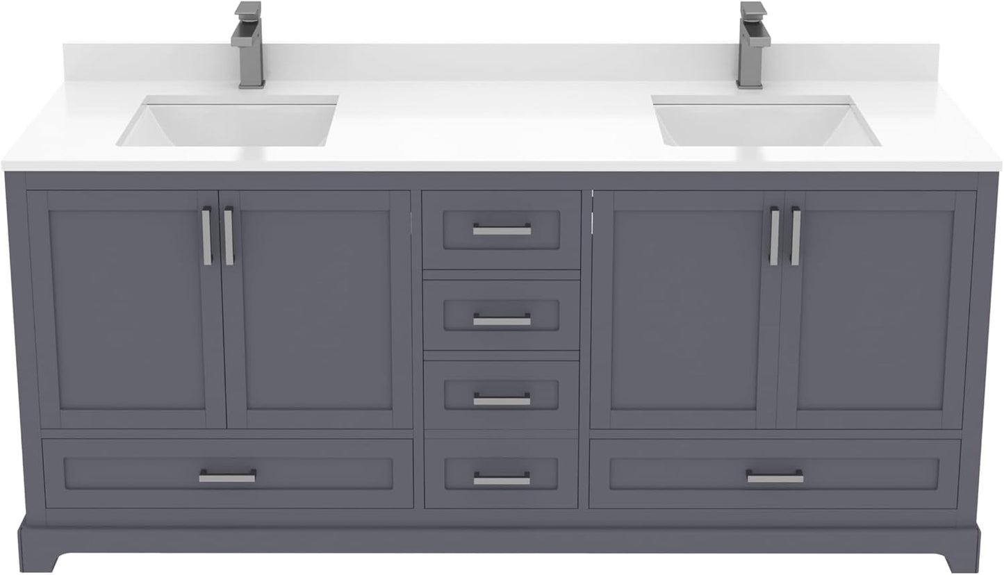 Ayna Decors Maya 72 Inch Charcoal Grey Bathroom Vanity with Sink, Quartz Countertop, 4 Soft Closing Doors and 5 Full Extension Drawers, Brushed Nickel Hardware