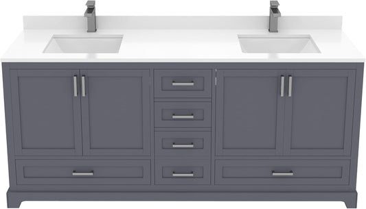 Ayna Decors Maya 72 Inch Charcoal Grey Bathroom Vanity with Sink, Quartz Countertop, 4 Soft Closing Doors and 5 Full Extension Drawers, Brushed Nickel Hardware
