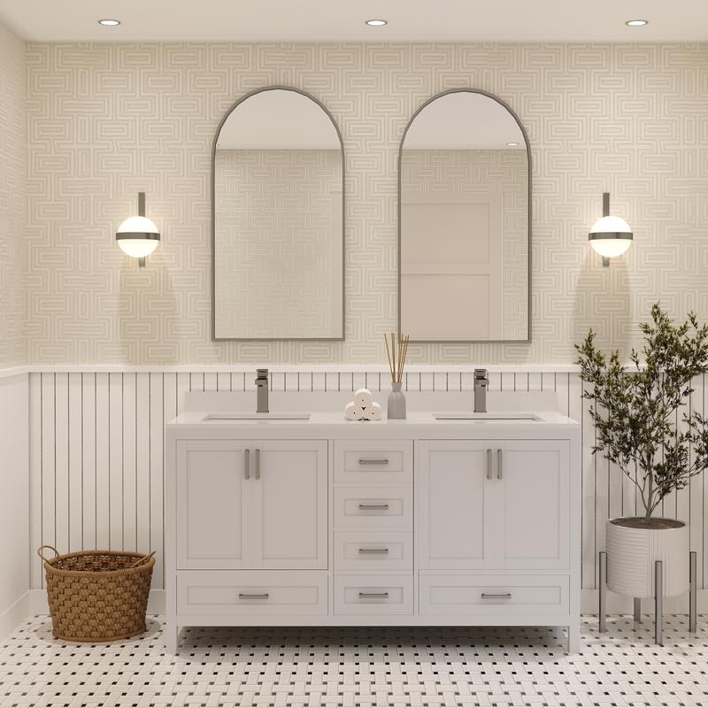 Ayna Decors Rooh 60 Inch White Bathroom Vanity with Sink, Quartz Countertop, 4 Soft Closing Doors and 5 Full Extension Drawers, Brushed Nickel Hardware
