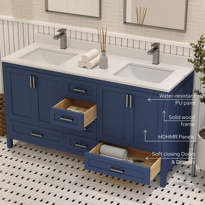 Ayna Decors Rooh 60 Inch Navy Blue Bathroom Vanity with Sink, Quartz Countertop, 4 Soft Closing Doors and 5 Full Extension Drawers, Brushed Nickel Hardware