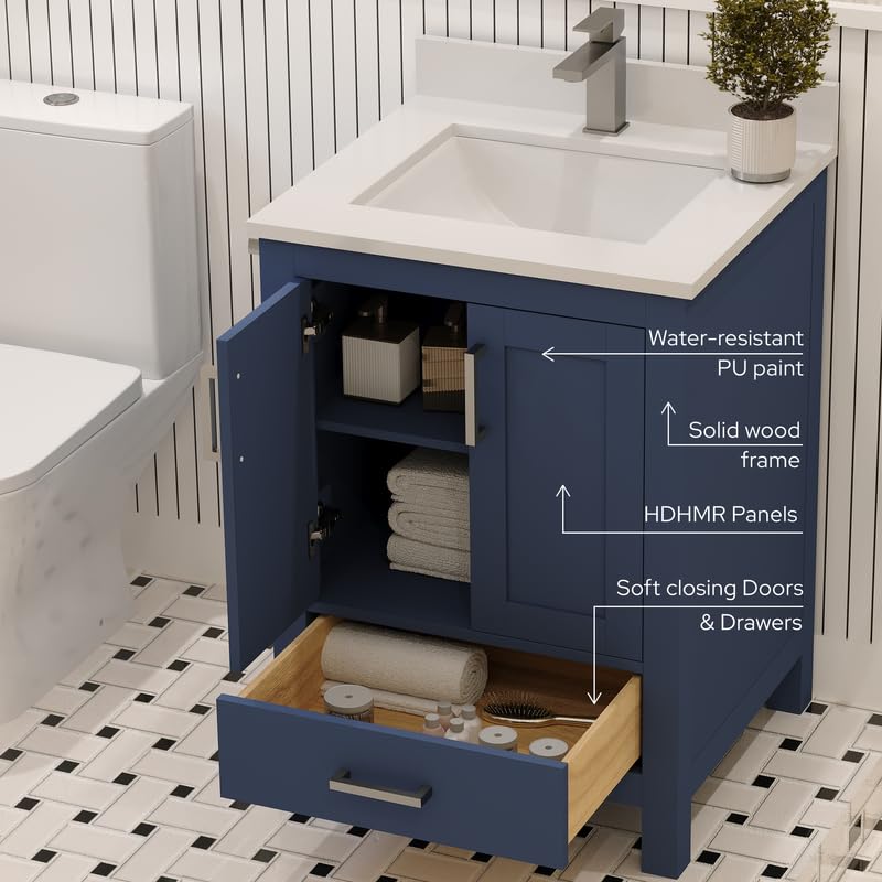 Ayna Decors Rooh 24 Inch Navy Blue Bathroom Vanity with Sink, Quartz Countertop, 2 Soft Closing Doors and 1 Full Extension Drawer, Brushed Nickel Hardware