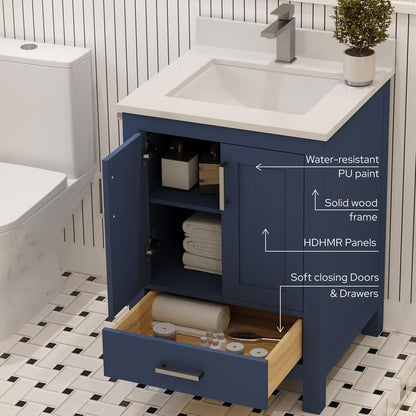 Ayna Decors Rooh 24 Inch Navy Blue Bathroom Vanity with Sink, Quartz Countertop, 2 Soft Closing Doors and 1 Full Extension Drawer, Brushed Nickel Hardware