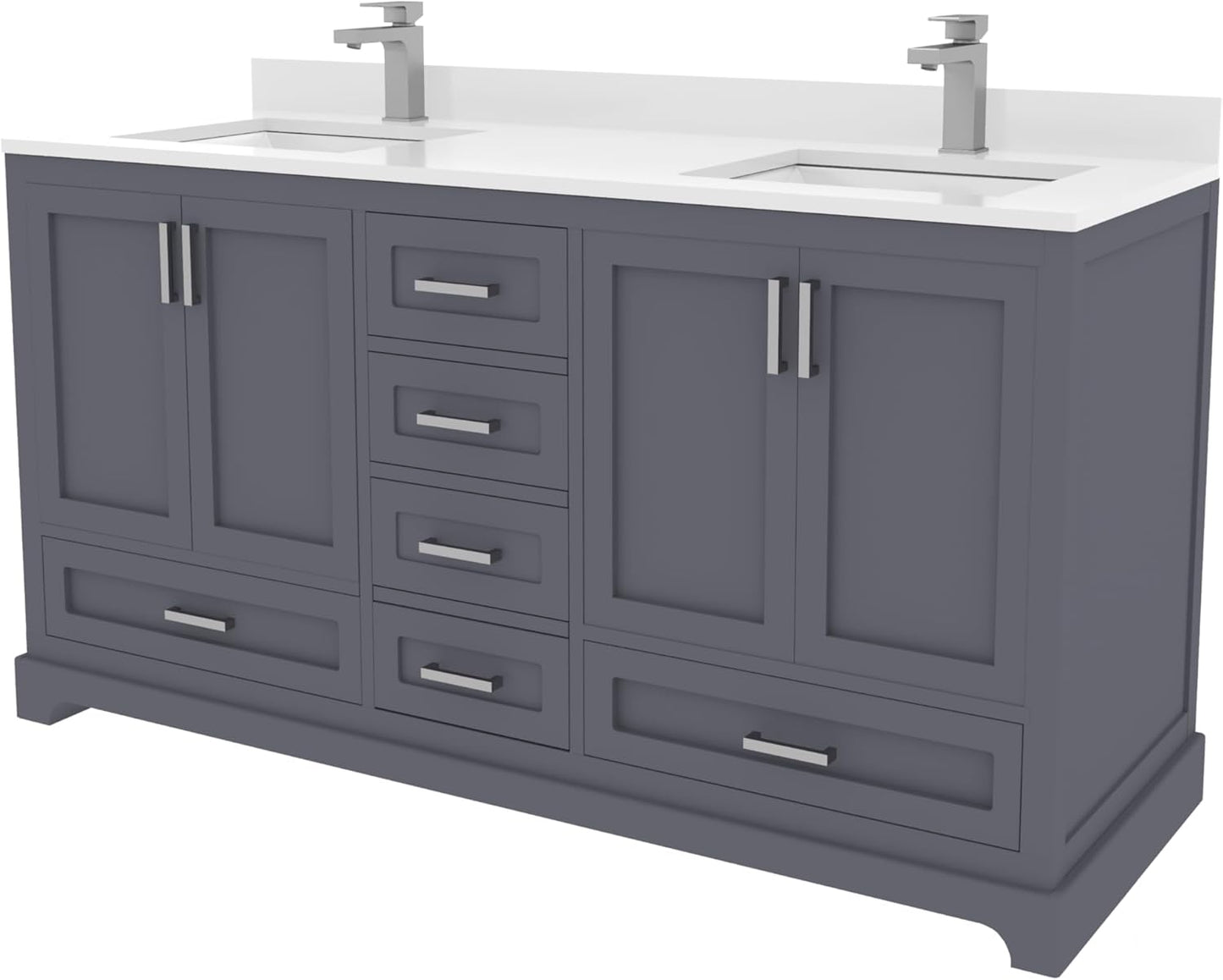 Ayna Decors Maya 60 Inch Charcoal Grey Bathroom Vanity with Sink, Quartz Countertop, 4 Soft Closing Doors and 5 Full Extension Drawers, Brushed Nickel Hardware