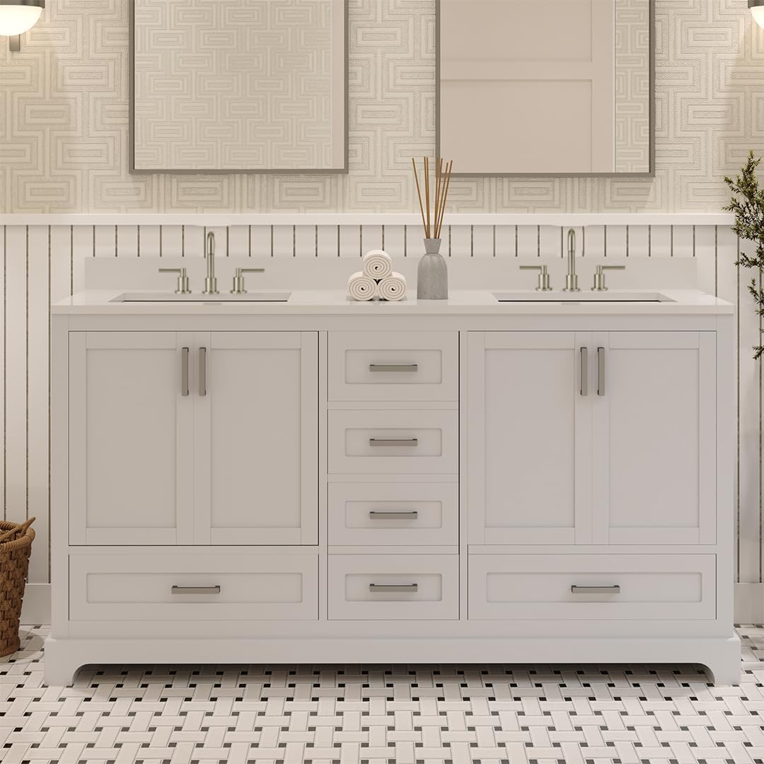 Ayna Decors Maya 60 Inch White Bathroom Vanity with Three Faucet Holes Quartz Countertop, 4 Soft Closing Doors and 5 Full Extension Drawers, Brushed Nickel Hardware