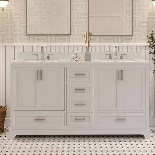 Ayna Decors Maya 60 Inch White Bathroom Vanity with Three Faucet Holes Quartz Countertop, 4 Soft Closing Doors and 5 Full Extension Drawers, Brushed Nickel Hardware