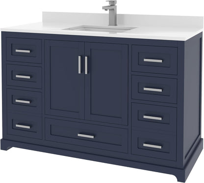 Ayna Decors Maya 48 Inch Navy Blue Bathroom Vanity with Sink, Quartz Countertop, 2 Soft Closing Doors, and 7 Full Extension Drawers, Brushed Nickel Hardware