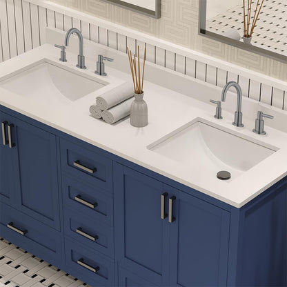 Ayna Decors Rooh 60 Inch Navy Blue Bathroom Vanity with Three Faucet Holes Quartz Countertop, 4 Soft Closing Doors and 5 Full Extension Drawers, Brushed Nickel Hardware