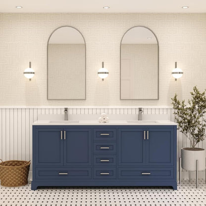 Ayna Decors Maya 72 Inch Navy Blue Bathroom Vanity with Sink, Quartz Countertop, 4 Soft Closing Doors and 5 Full Extension Drawers, Brushed Nickel Hardware