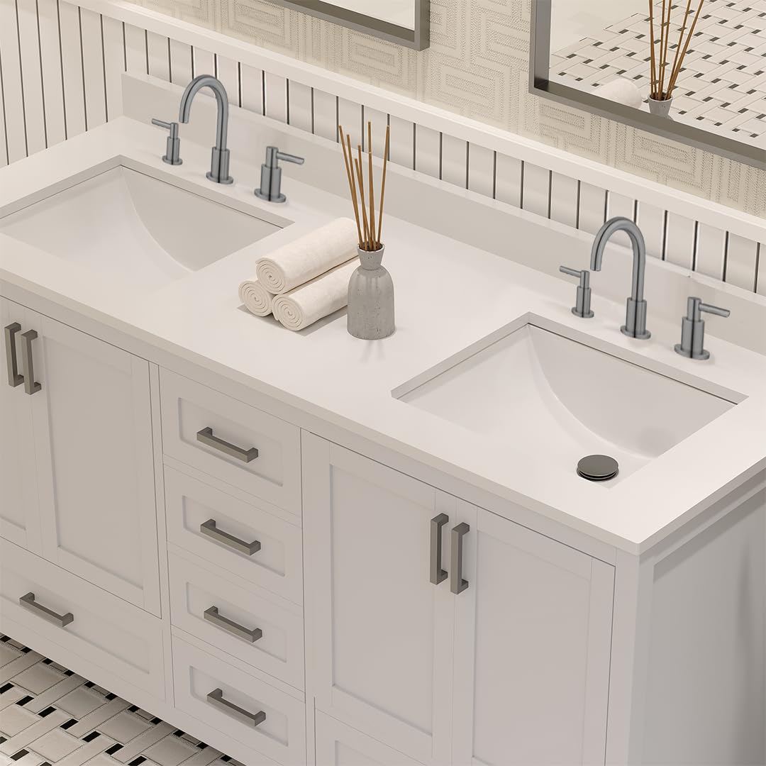 Ayna Decors Rooh 60 Inch White Bathroom Vanity with Three Faucet Holes Quartz Countertop, 4 Soft Closing Doors and 5 Full Extension Drawers, Brushed Nickel Hardware