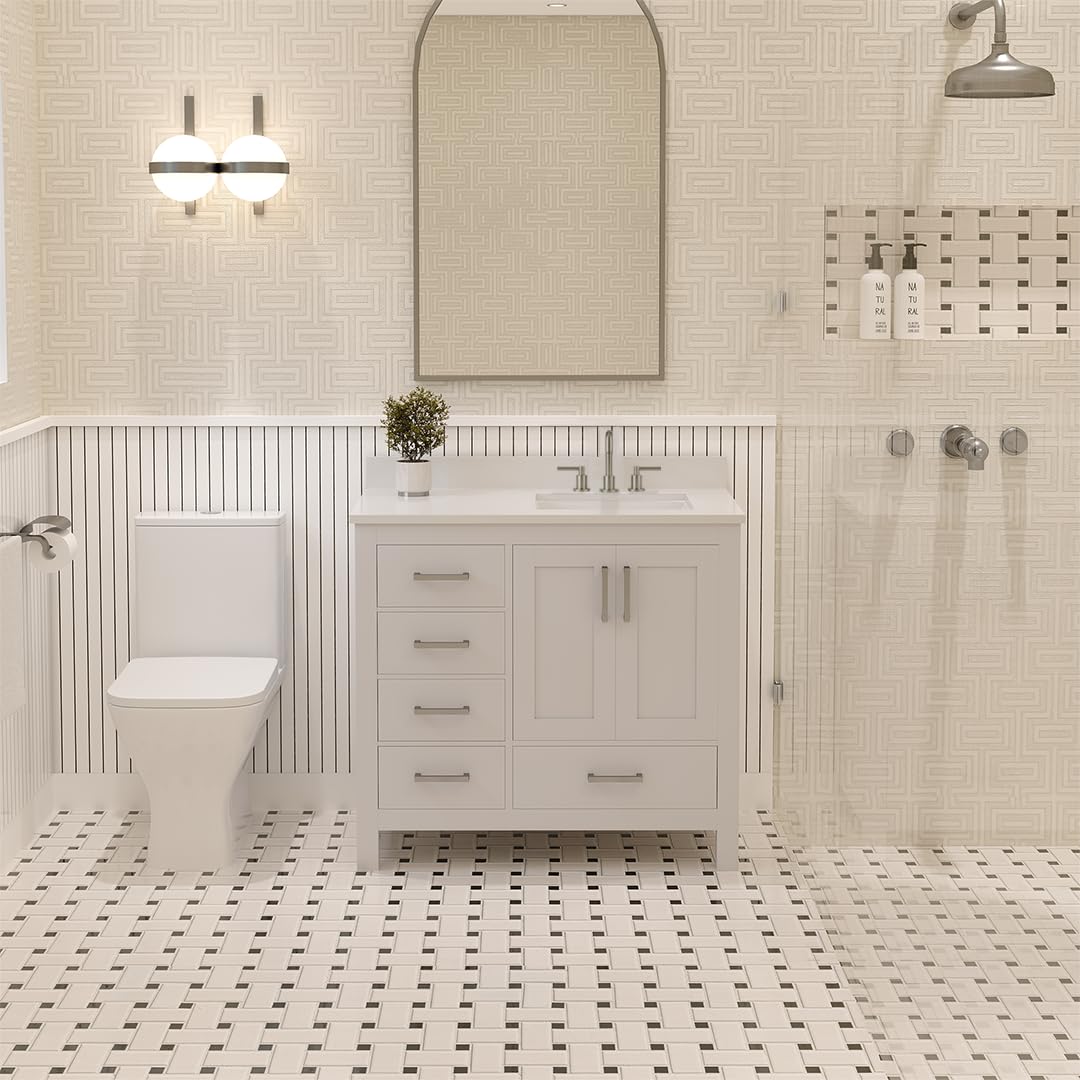 Ayna Decors Rooh 36 Inch White Bathroom Vanity with Sink, Three Faucet Holes Quartz Top, 2 Soft Closing Doors, and 4 Full Extension Drawers, Brushed Nickel Hardware