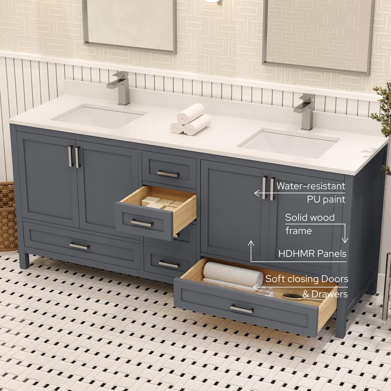 Ayna Decors Rooh 72 Inch Charcoal Grey Bathroom Vanity with Sink, Quartz Countertop, 4 Soft Closing Doors and 5 Full Extension Drawers, Brushed Nickel Hardware