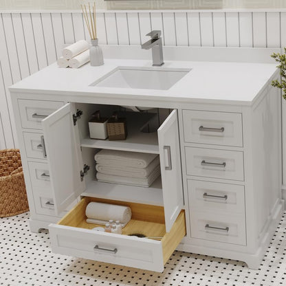 Ayna Decors Maya 48 Inch White Bathroom Vanity with Sink, Quartz Countertop, 2 Soft Closing Doors, and 7 Full Extension Drawers, Brushed Nickel Hardware