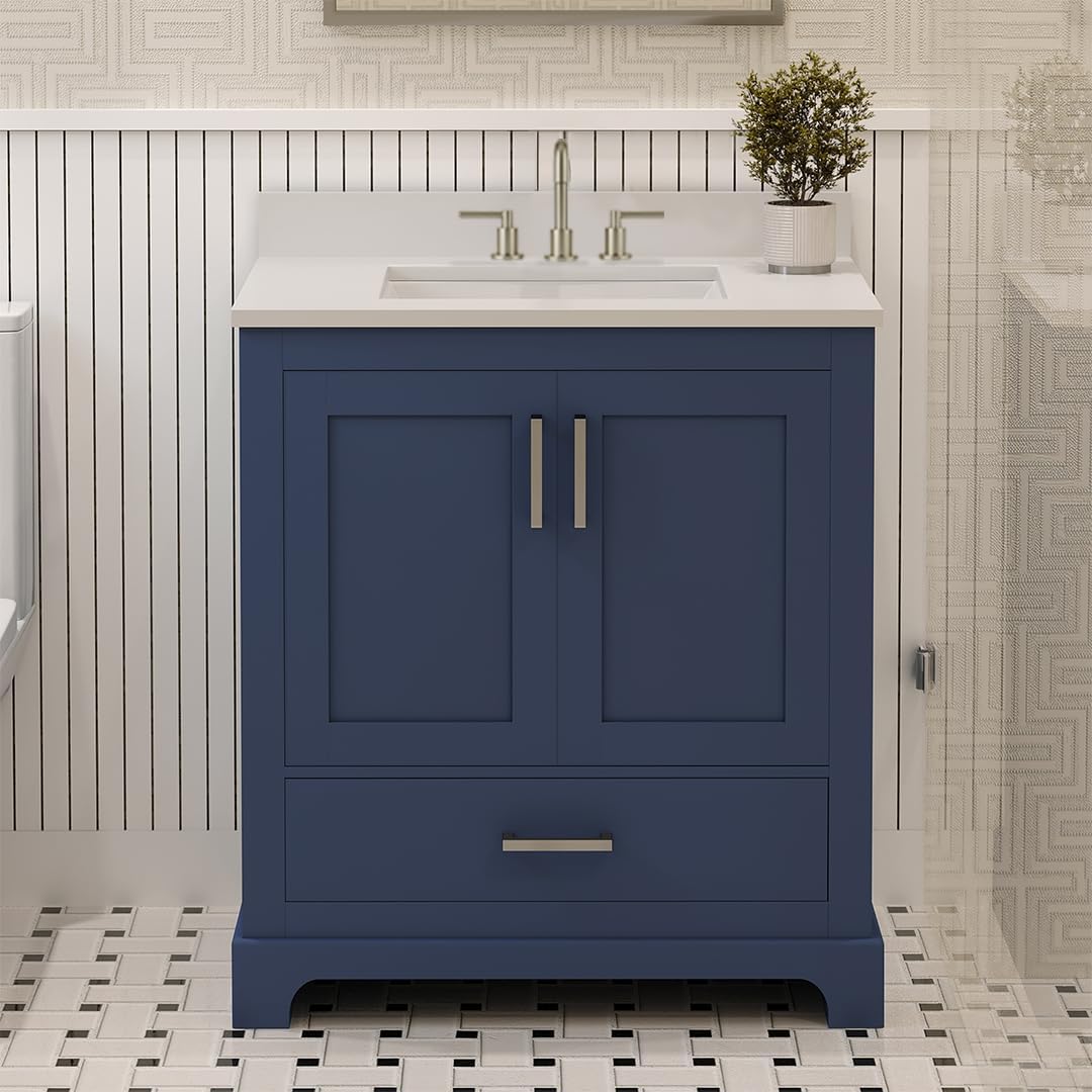 Ayna Decors Maya 30" Solid Wood Bathroom Vanity with Sink – Navy Blue, 3 Pre-Drilled Faucet Holes, 2 Soft-Close Doors, 1 Full-Extension Drawer, Brushed Nickel Handles