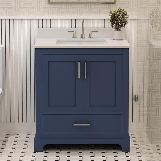 Ayna Decors Maya 30" Solid Wood Bathroom Vanity with Sink – Navy Blue, 3 Pre-Drilled Faucet Holes, 2 Soft-Close Doors, 1 Full-Extension Drawer, Brushed Nickel Handles