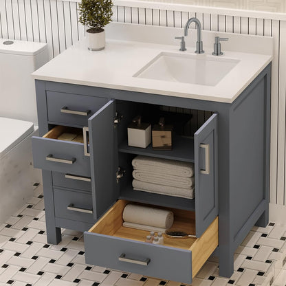 Ayna Decors Rooh 36 Inch Navy Blue Bathroom Vanity with Sink, Quartz Countertop, 2 Soft Closing Doors, and 4 Full Extension Drawers, Brushed Nickel Hardware