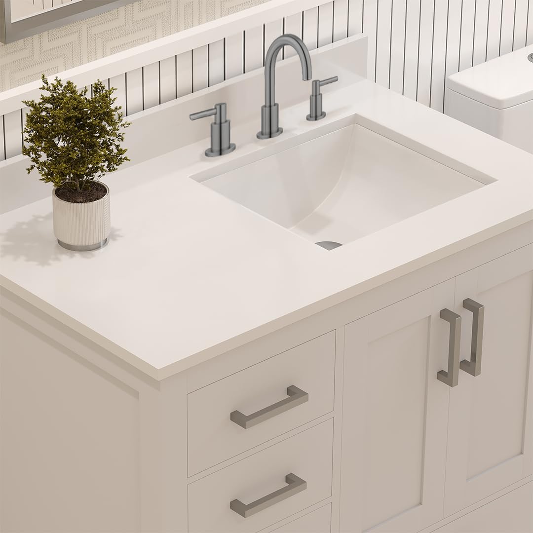 Ayna Decors Rooh 36 Inch White Bathroom Vanity with Sink, Three Faucet Holes Quartz Top, 2 Soft Closing Doors, and 4 Full Extension Drawers, Brushed Nickel Hardware