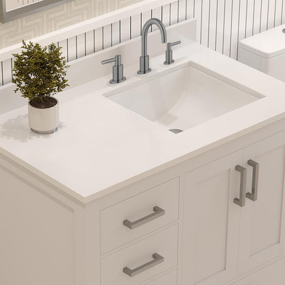 Ayna Decors Rooh 36 Inch White Bathroom Vanity with Sink, Three Faucet Holes Quartz Top, 2 Soft Closing Doors, and 4 Full Extension Drawers, Brushed Nickel Hardware