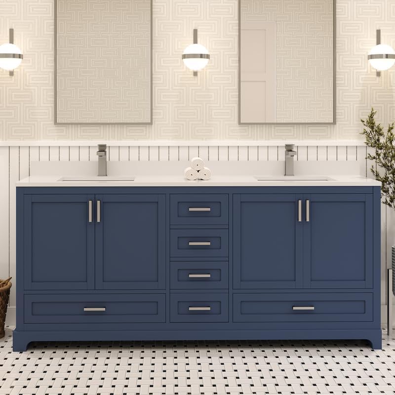 Ayna Decors Maya 72 Inch Navy Blue Bathroom Vanity with Sink, Quartz Countertop, 4 Soft Closing Doors and 5 Full Extension Drawers, Brushed Nickel Hardware