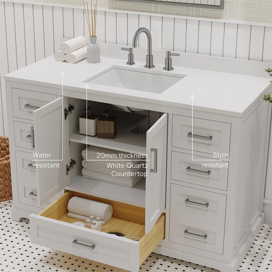 Ayna Decors Maya 48 Inch White Bathroom Vanity with Sink and Quartz Countertop, 3 Pre-Drilled Faucet Holes, 2 Soft Closing Doors, and 7 Full Extension Drawers, Brushed Nickel Hardware
