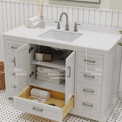 Ayna Decors Maya 48 Inch White Bathroom Vanity with Sink and Quartz Countertop, 3 Pre-Drilled Faucet Holes, 2 Soft Closing Doors, and 7 Full Extension Drawers, Brushed Nickel Hardware