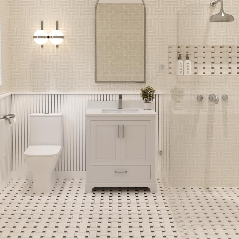 Ayna Decors Maya 30 Inch White Bathroom Vanity with Sink, Quartz Countertop, 2 Soft Closing Doors and 1 Full Extension Drawer, Brushed Nickel Hardware