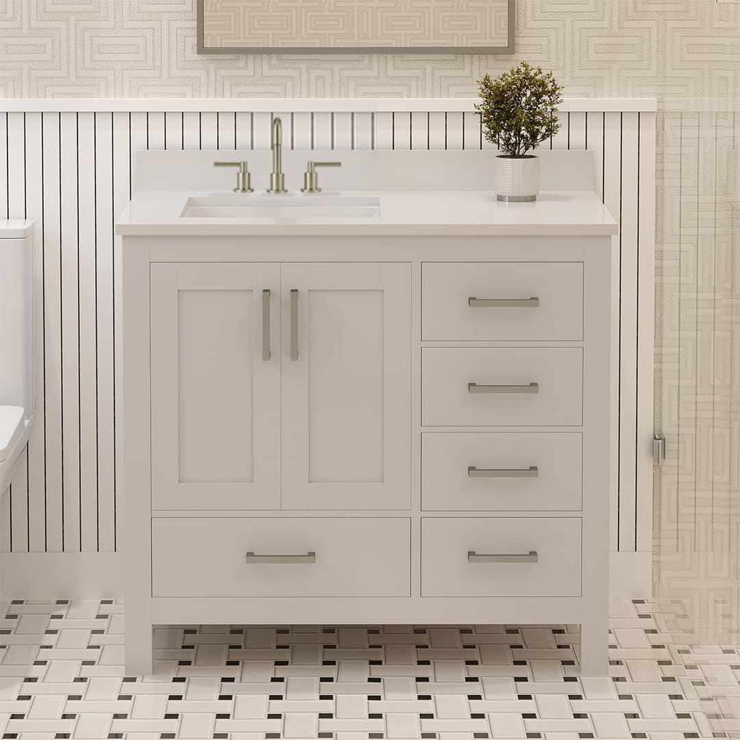Ayna Decors Rooh 36 in. Left White Bathroom Vanity with Sink, Three Faucet Holes Quartz Top, 2 Soft Closing Doors, and 4 Full Extension Drawers, Brushed Nickel Hardware