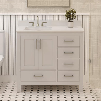 Ayna Decors Rooh 36 in. Left White Bathroom Vanity with Sink, Three Faucet Holes Quartz Top, 2 Soft Closing Doors, and 4 Full Extension Drawers, Brushed Nickel Hardware