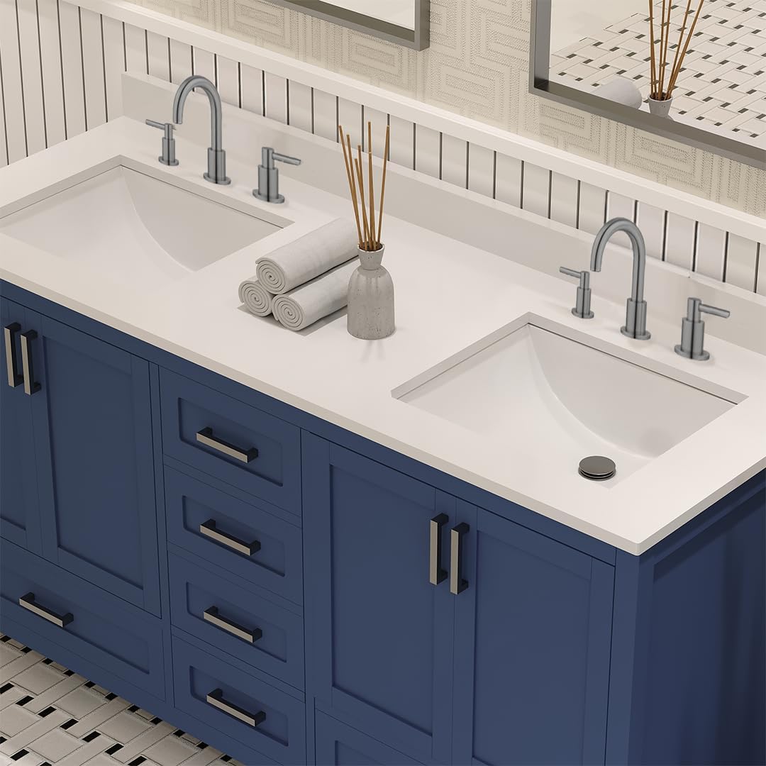Ayna Decors Maya 60 Inch Navy Blue Bathroom Vanity with Three Faucet Holes Quartz Countertop, 4 Soft Closing Doors and 5 Full Extension Drawers, Brushed Nickel Hardware