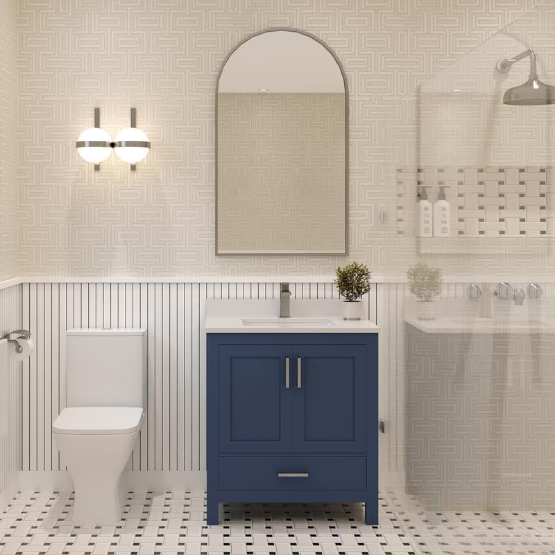 Ayna Decors Rooh 30 Inch Navy Blue Bathroom Vanity with Sink, Quartz Countertop, 2 Soft Closing Doors and 1 Full Extension Drawer, Brushed Nickel Hardware