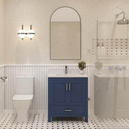 Ayna Decors Rooh 30 Inch Navy Blue Bathroom Vanity with Sink, Quartz Countertop, 2 Soft Closing Doors and 1 Full Extension Drawer, Brushed Nickel Hardware