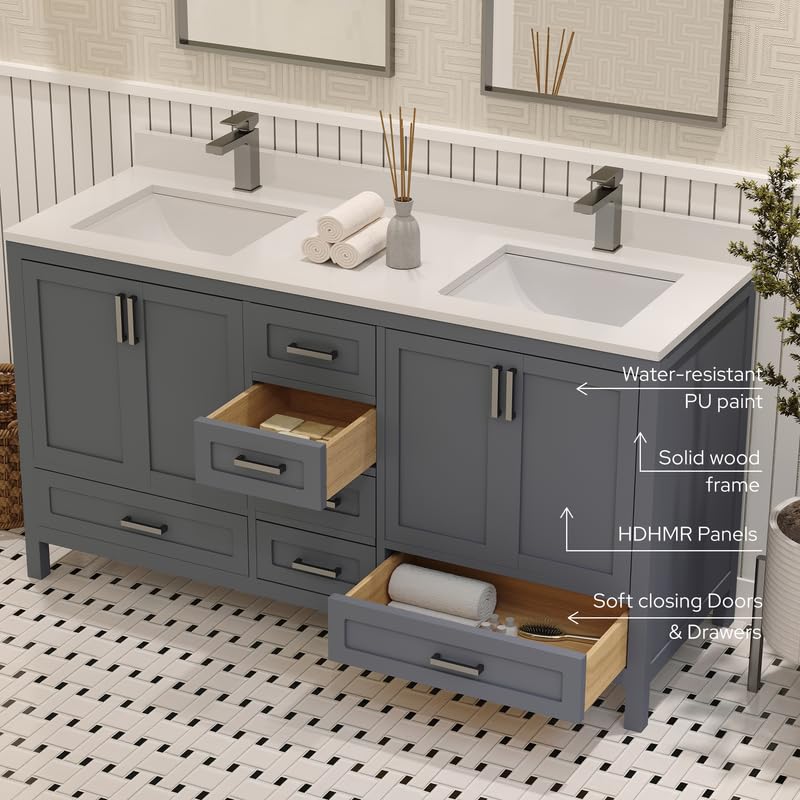 Ayna Decors Rooh 60 Inch Charcoal Grey Bathroom Vanity with Sink, Quartz Countertop, 4 Soft Closing Doors and 5 Full Extension Drawers, Brushed Nickel Hardware