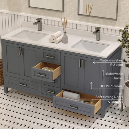 Ayna Decors Rooh 60 Inch Charcoal Grey Bathroom Vanity with Sink, Quartz Countertop, 4 Soft Closing Doors and 5 Full Extension Drawers, Brushed Nickel Hardware