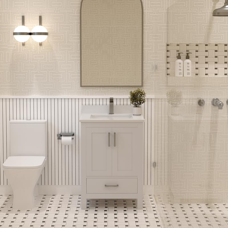 Ayna Decors Rooh 24 Inch White Bathroom Vanity with Sink, Quartz Countertop, 2 Soft Closing Doors and 1 Full Extension Drawer, Brushed Nickel Hardware