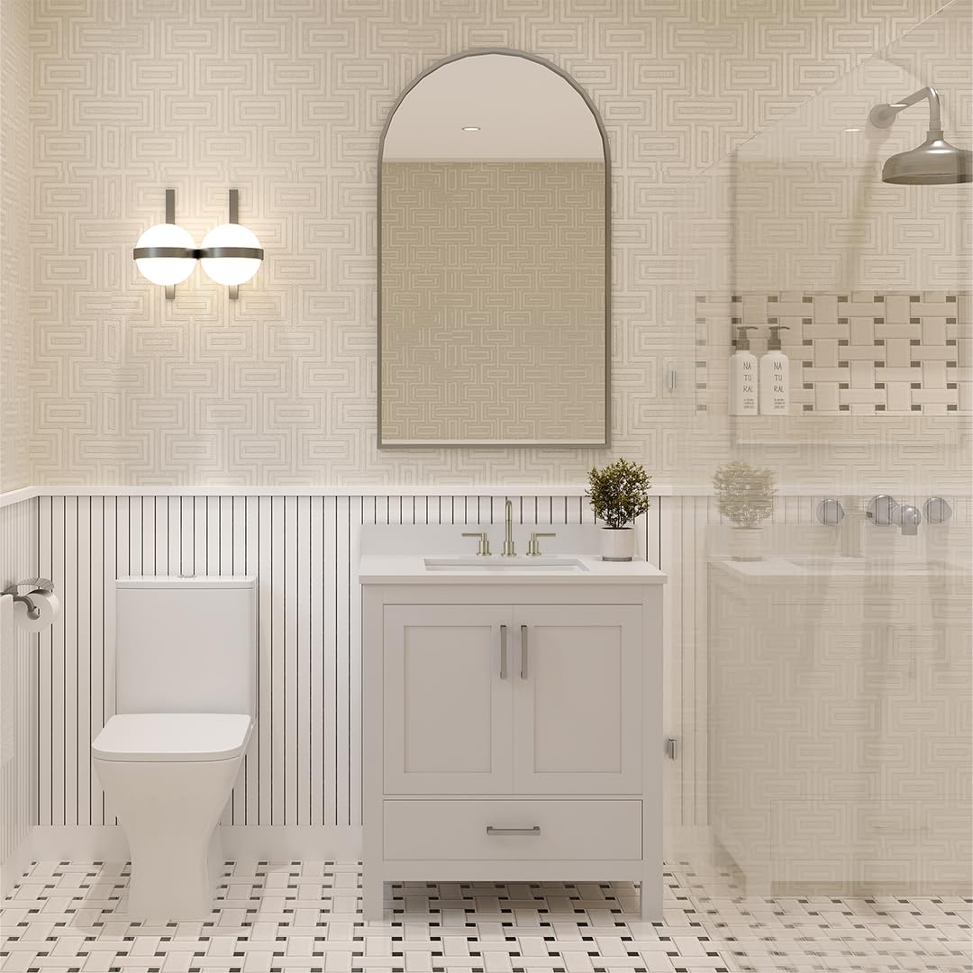 Ayna Decors Rooh 30" Solid Wood Bathroom Vanity with Sink – White, 3 Pre-Drilled Faucet Holes, 2 Soft-Close Doors, 1 Full-Extension Drawer, Brushed Nickel Handles