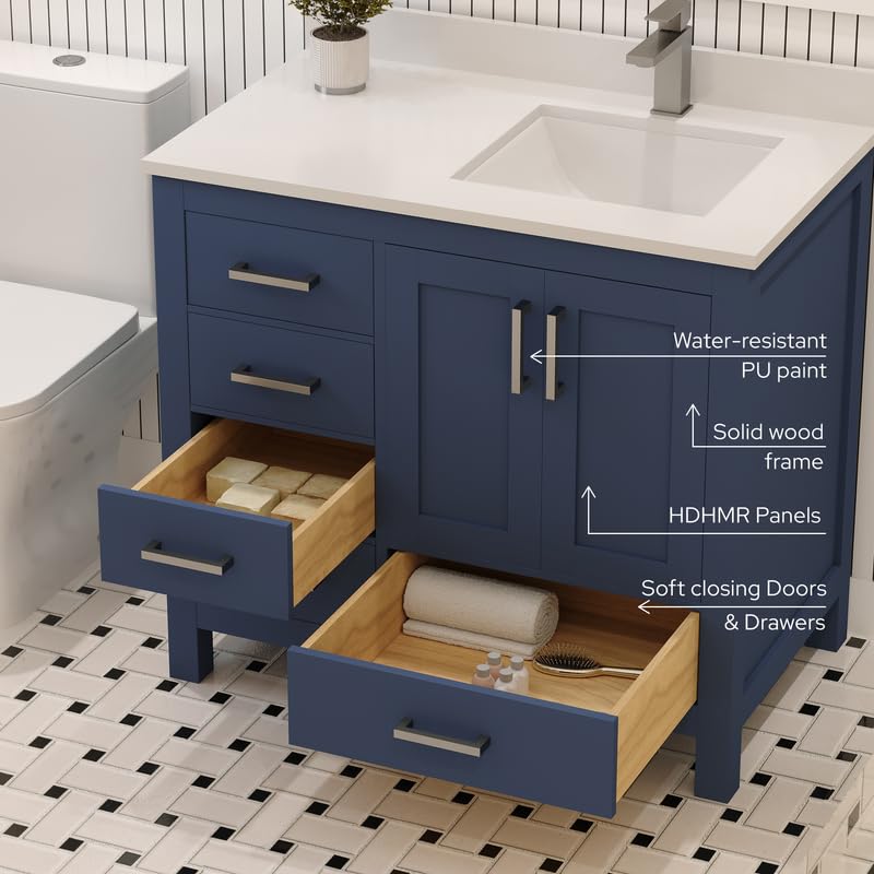 Ayna Decors Rooh 36 Inch Navy Blue Bathroom Vanity with Sink, Quartz Countertop, 2 Soft Closing Doors, and 4 Full Extension Drawers, Brushed Nickel Hardware