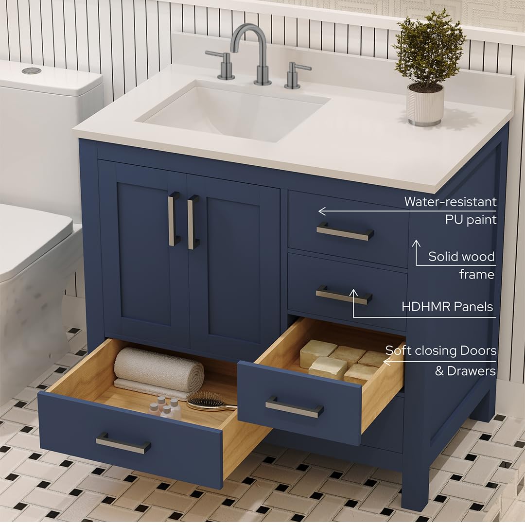 Ayna Decors Rooh 36 in. Left Navy Blue Bathroom Vanity with Sink, Three Faucet Holes Quartz Top, 2 Soft Closing Doors, and 4 Full Extension Drawers, Brushed Nickel Hardware