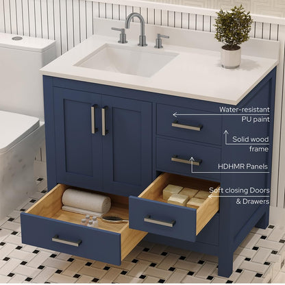 Ayna Decors Rooh 36 in. Left Navy Blue Bathroom Vanity with Sink, Three Faucet Holes Quartz Top, 2 Soft Closing Doors, and 4 Full Extension Drawers, Brushed Nickel Hardware