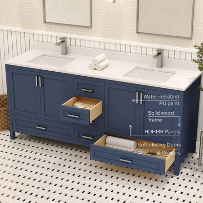 Ayna Decors Rooh 72 Inch Navy Blue Bathroom Vanity with Sink, Quartz Countertop, 4 Soft Closing Doors and 5 Full Extension Drawers, Brushed Nickel Hardware