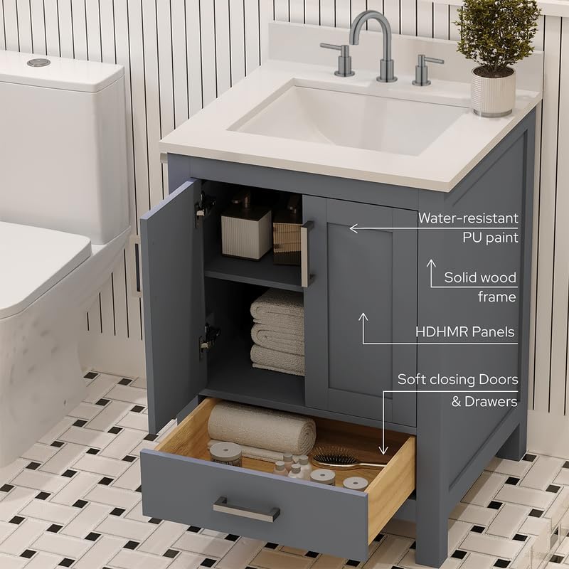 Ayna Decors Rooh 24" Solid Wood Bathroom Vanity with Sink – Charcoal Grey, 3 Pre-Drilled Faucet Holes, 2 Soft-Close Doors, 1 Full-Extension Drawer, Brushed Nickel Handles