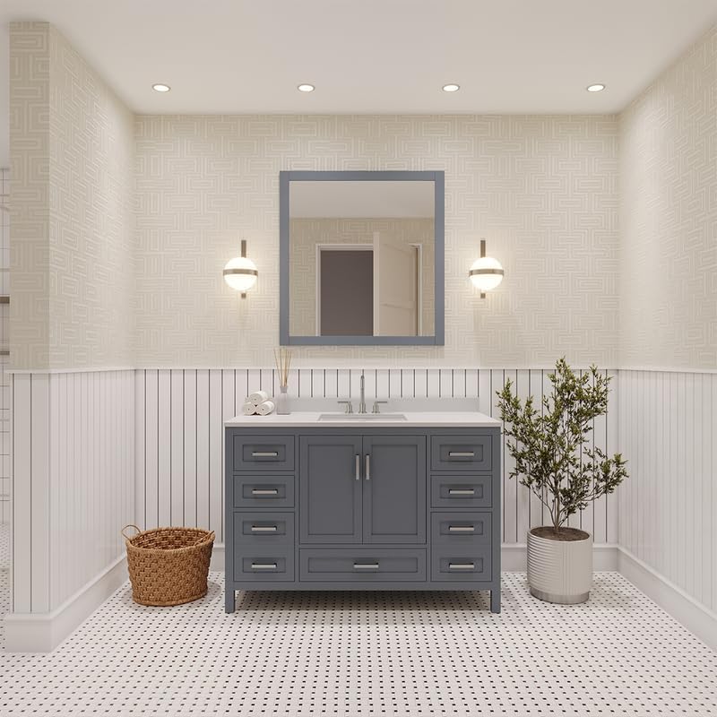 Ayna Decors Rooh 48 Inch Charcoal Grey Bathroom Vanity with Sink, Quartz Countertop, 2 Soft Closing Doors, and 7 Full Extension Drawers, Brushed Nickel Hardware